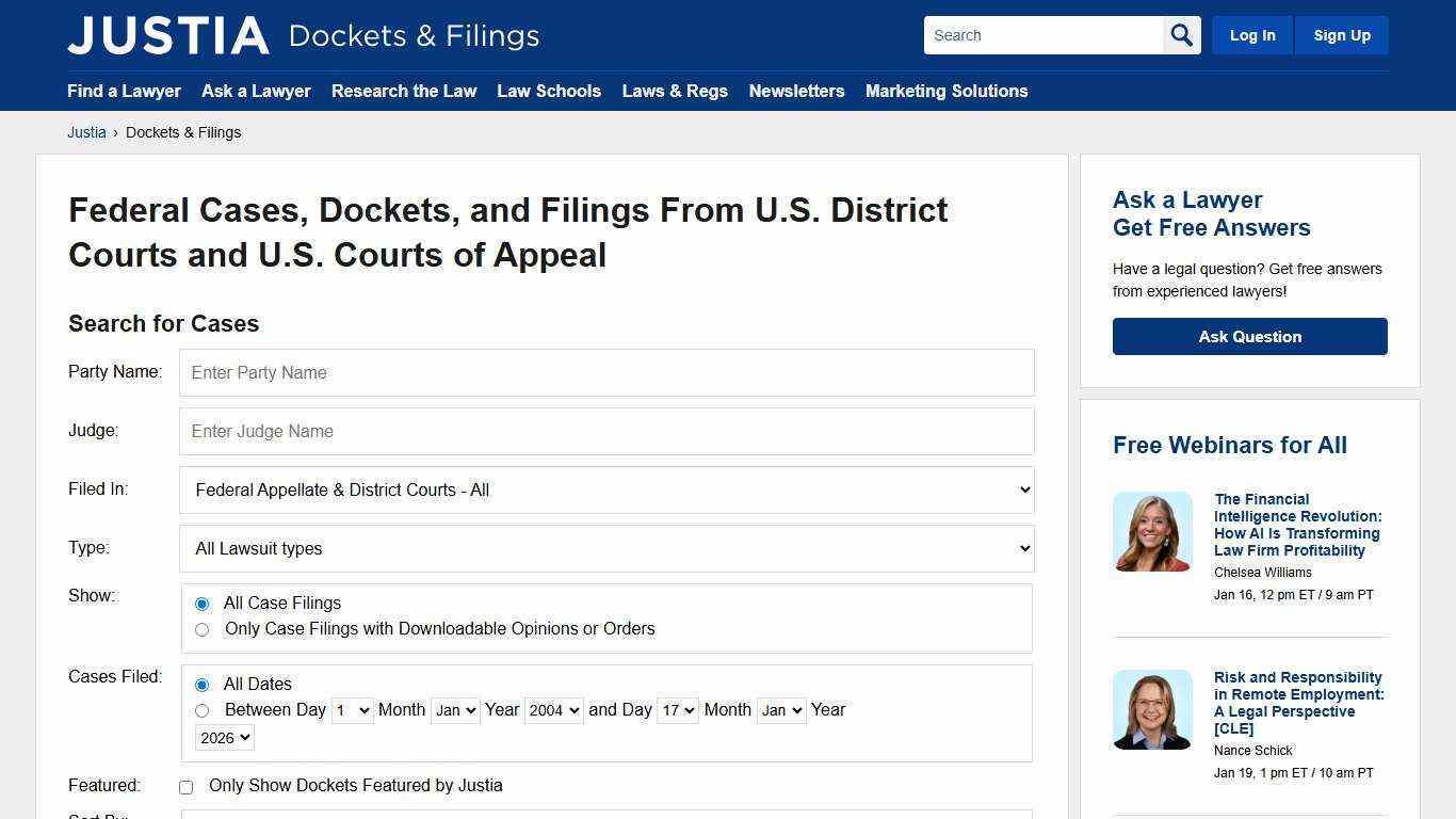 U.S. District Court and U.S. Court of Appeals Cases, Dockets and Filings | Justia Dockets & Filings